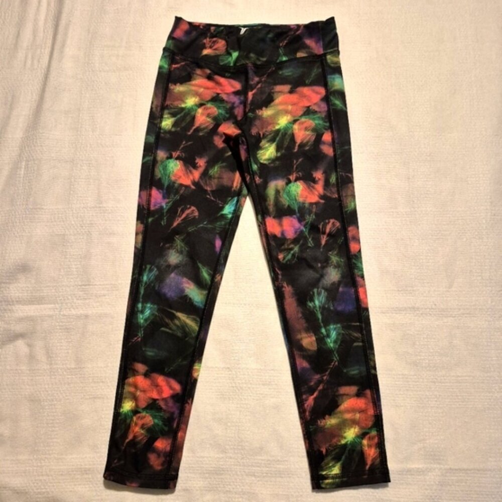Old Navy Active girls size S or 6/7 black leggings with neon feathery pattern